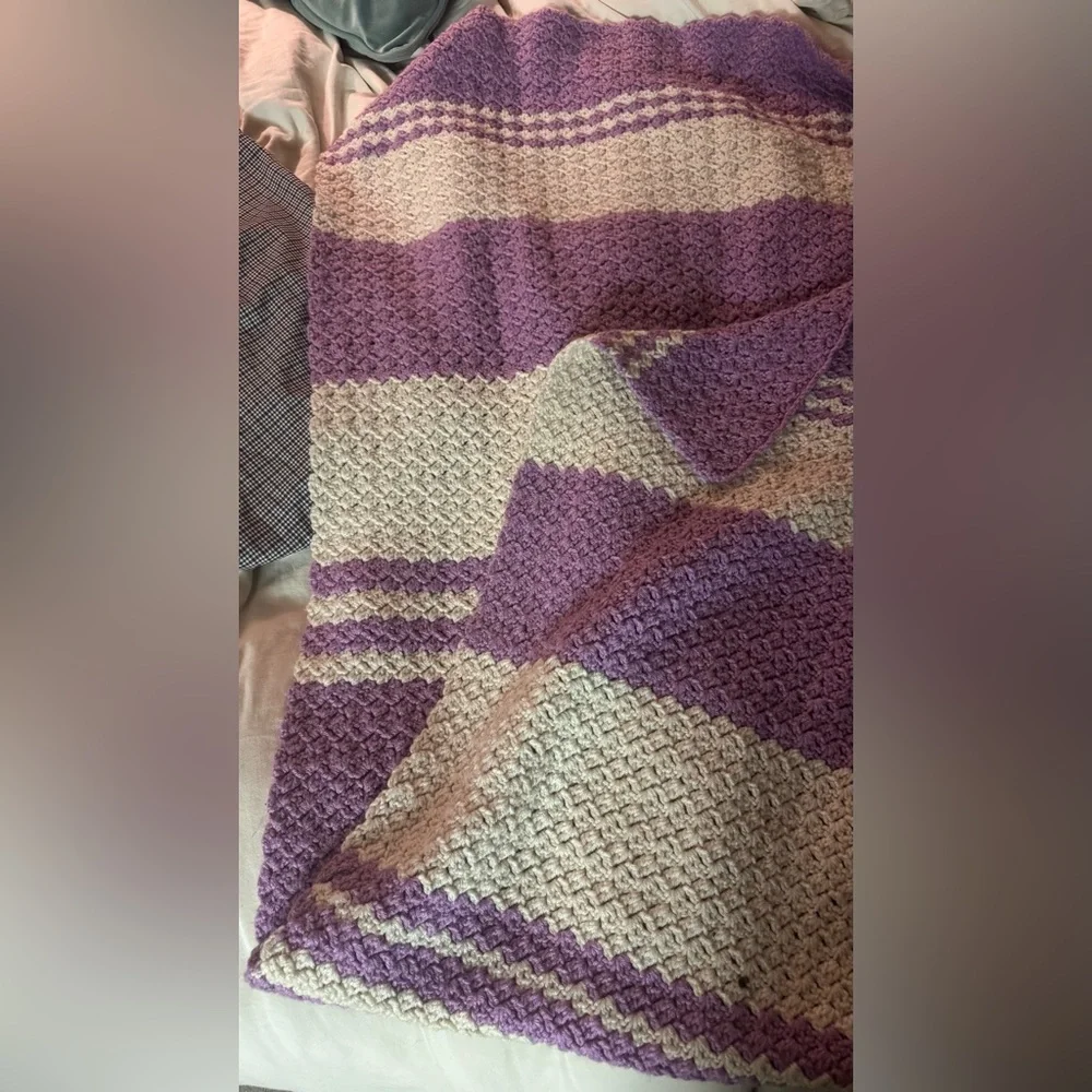 Handmade Cozy Purple and Cream Knitted Blanket